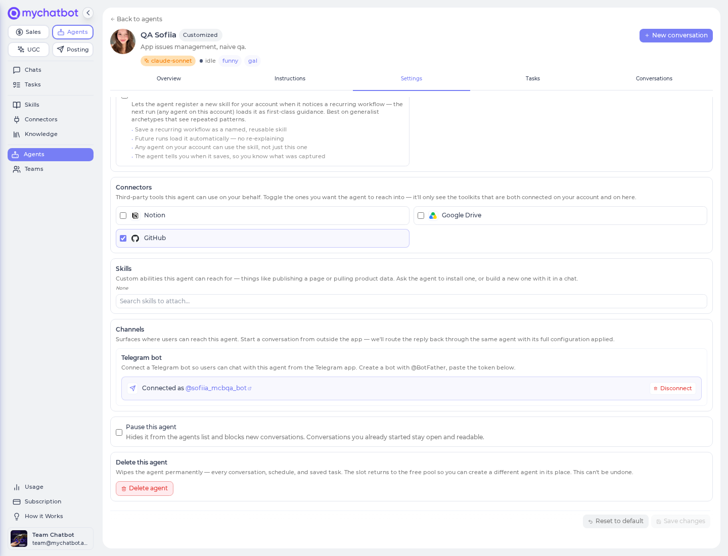 An agent's Settings tab, Connectors section — toggling the account-authorized tools this agent may use