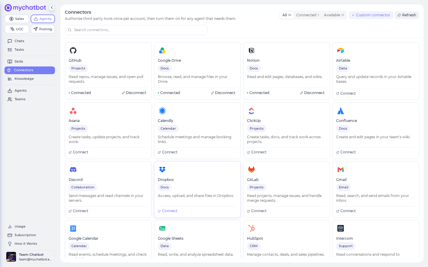 The Agents connectors catalog, where you toggle third-party apps like HubSpot, Gmail, Slack and Notion on for an agent