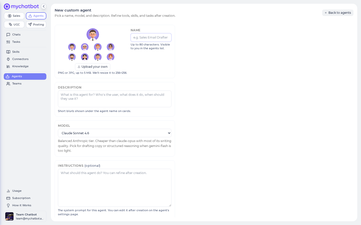 Creating a Custom Agent β pick a name, model, and description; the form shows how many of your 10 slots are free