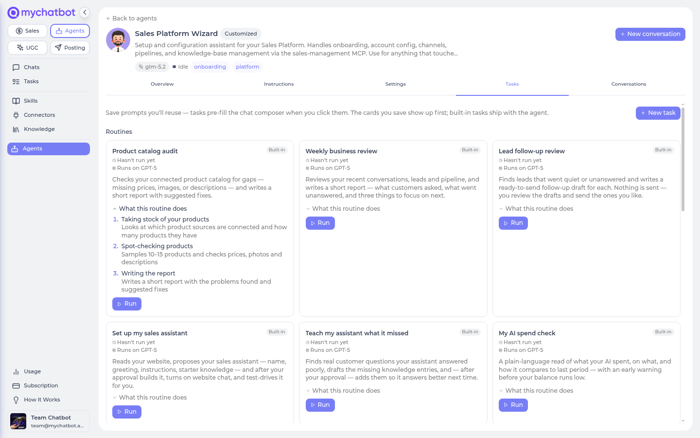 A routine expanded on an agent's Tasks tab — its Built-in badge, the Runs on model line, the numbered steps, and the Run button, with more routine cards alongside