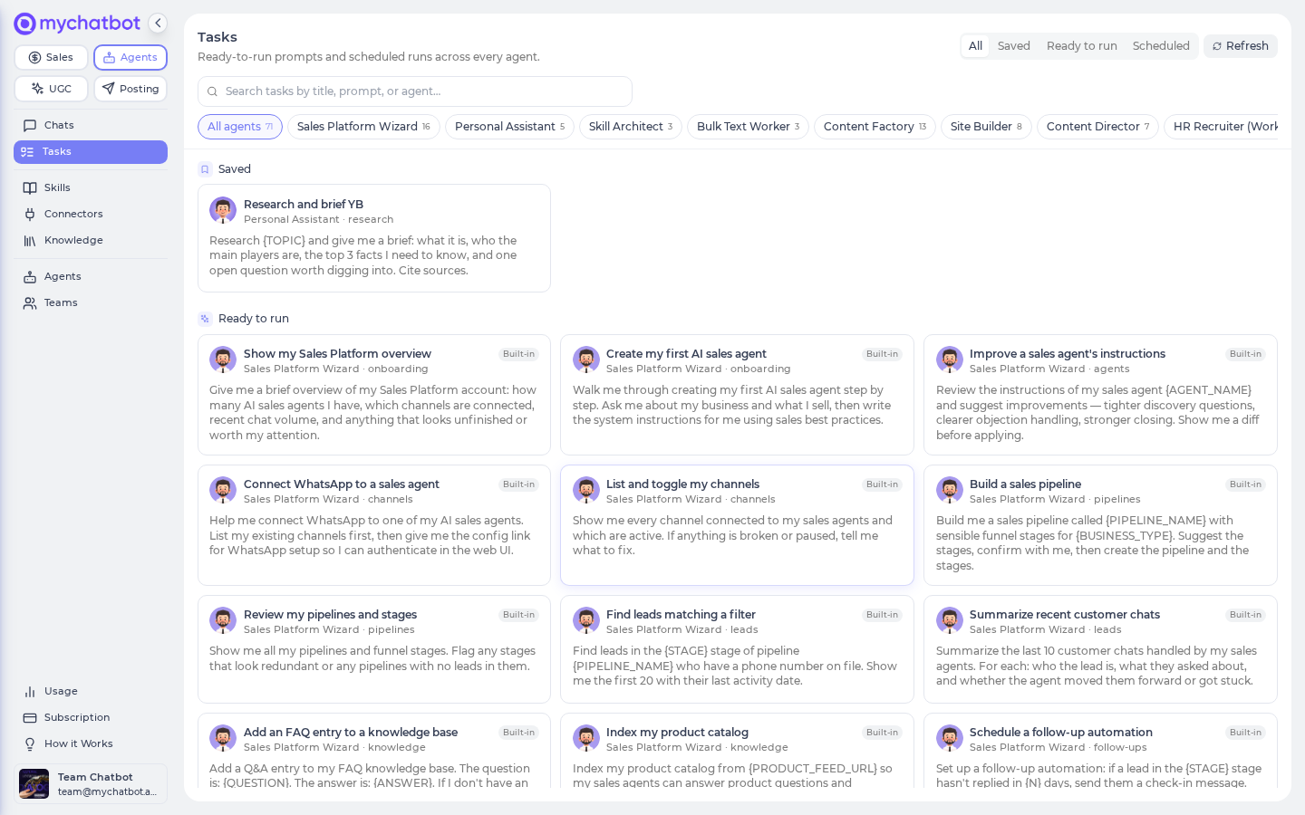 The cross-agent Tasks catalog with the All / Saved / Templates / Scheduled view toggle, search, and per-agent filter pills