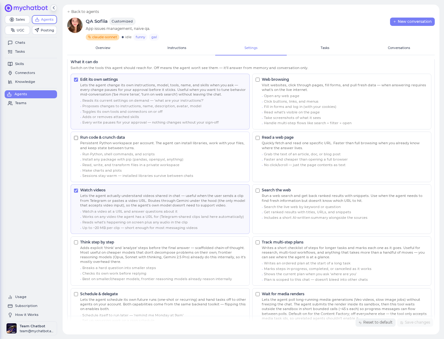Per-agent tool toggles — flip on Web browsing, Run code, Search the web, and more
