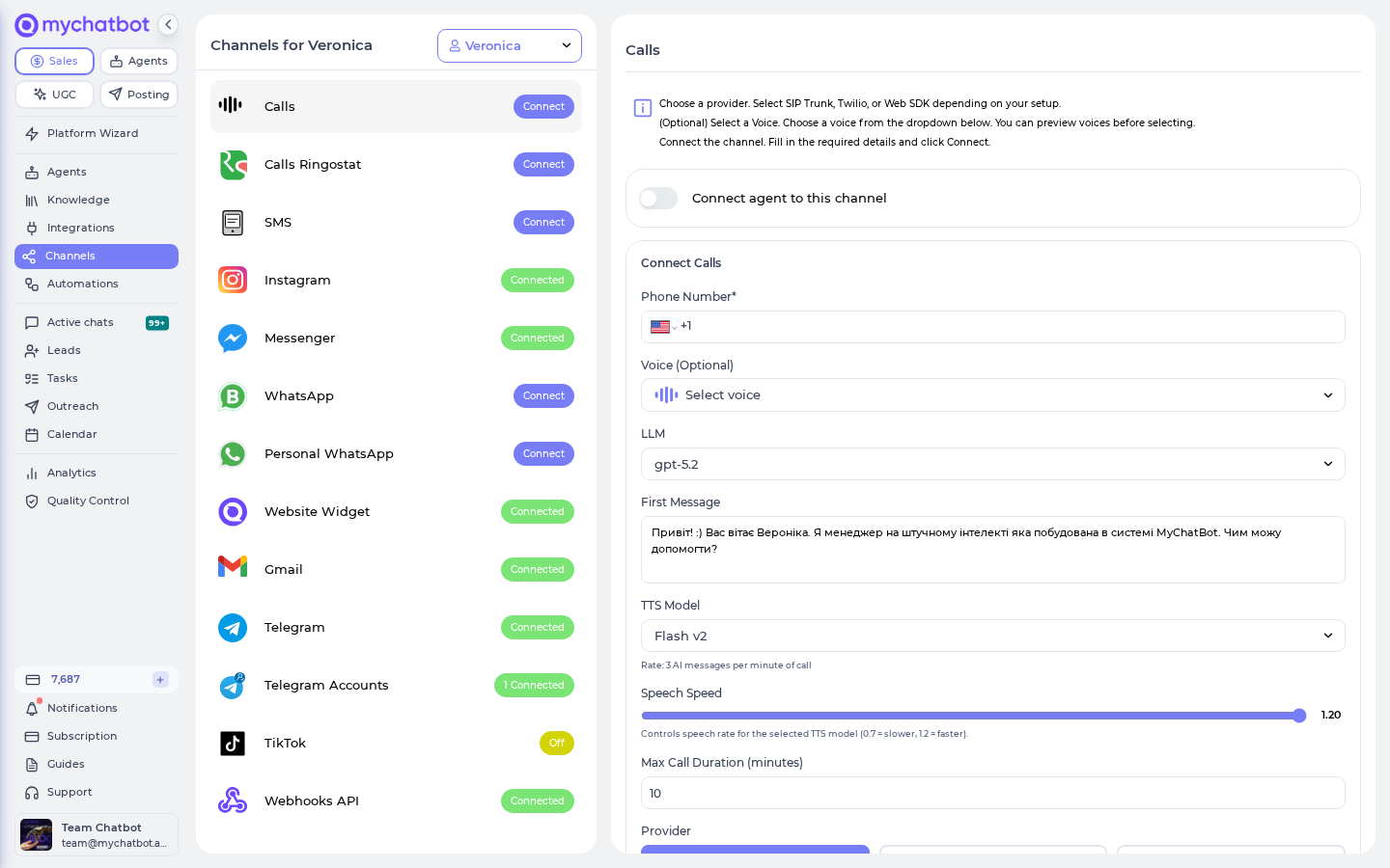 The Calls channel panel: provider selector, voice picker with preview, and voice settings.