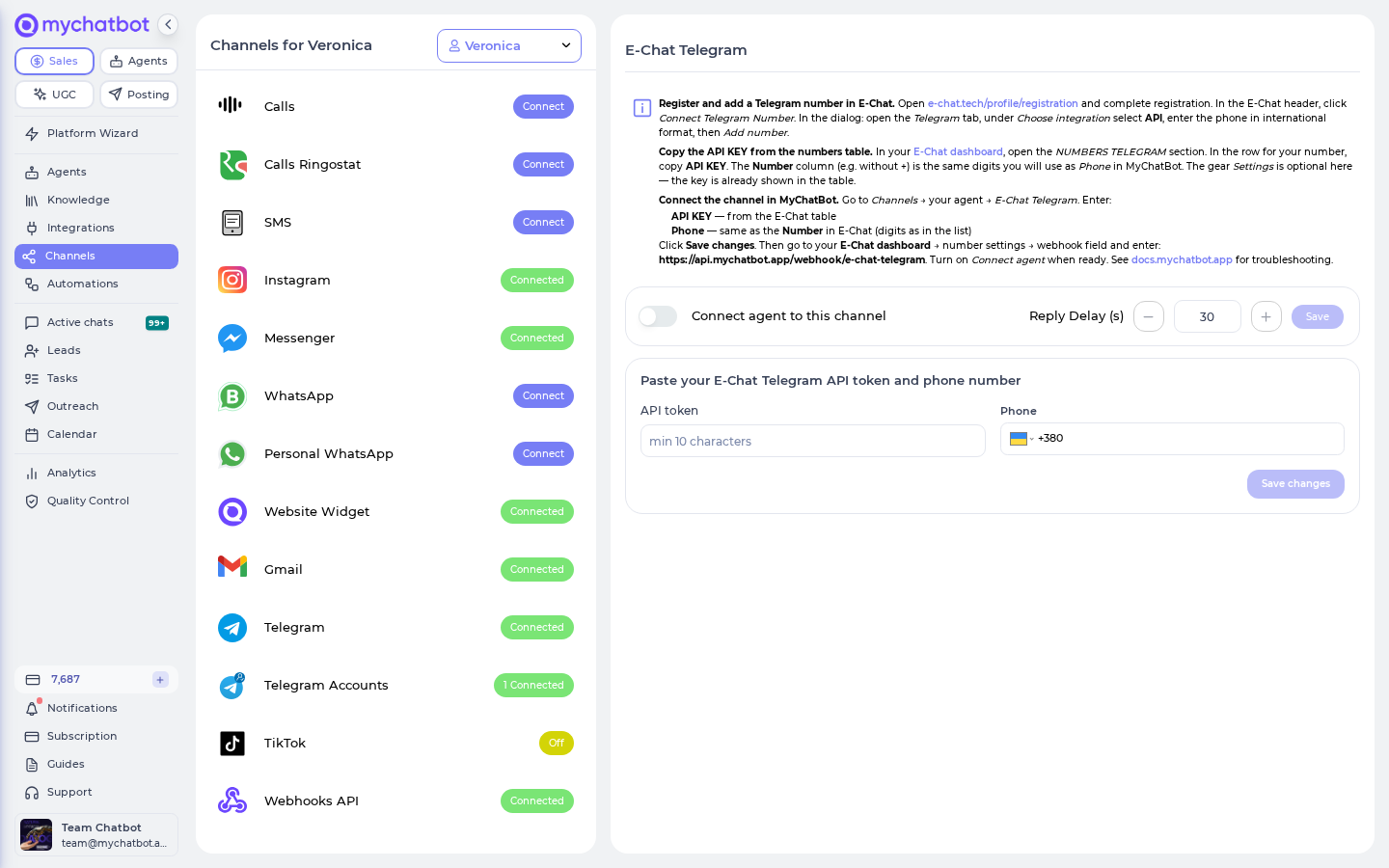 The E-Chat Telegram channel in MyChatBot, showing the API token and Phone fields with the Save changes button.