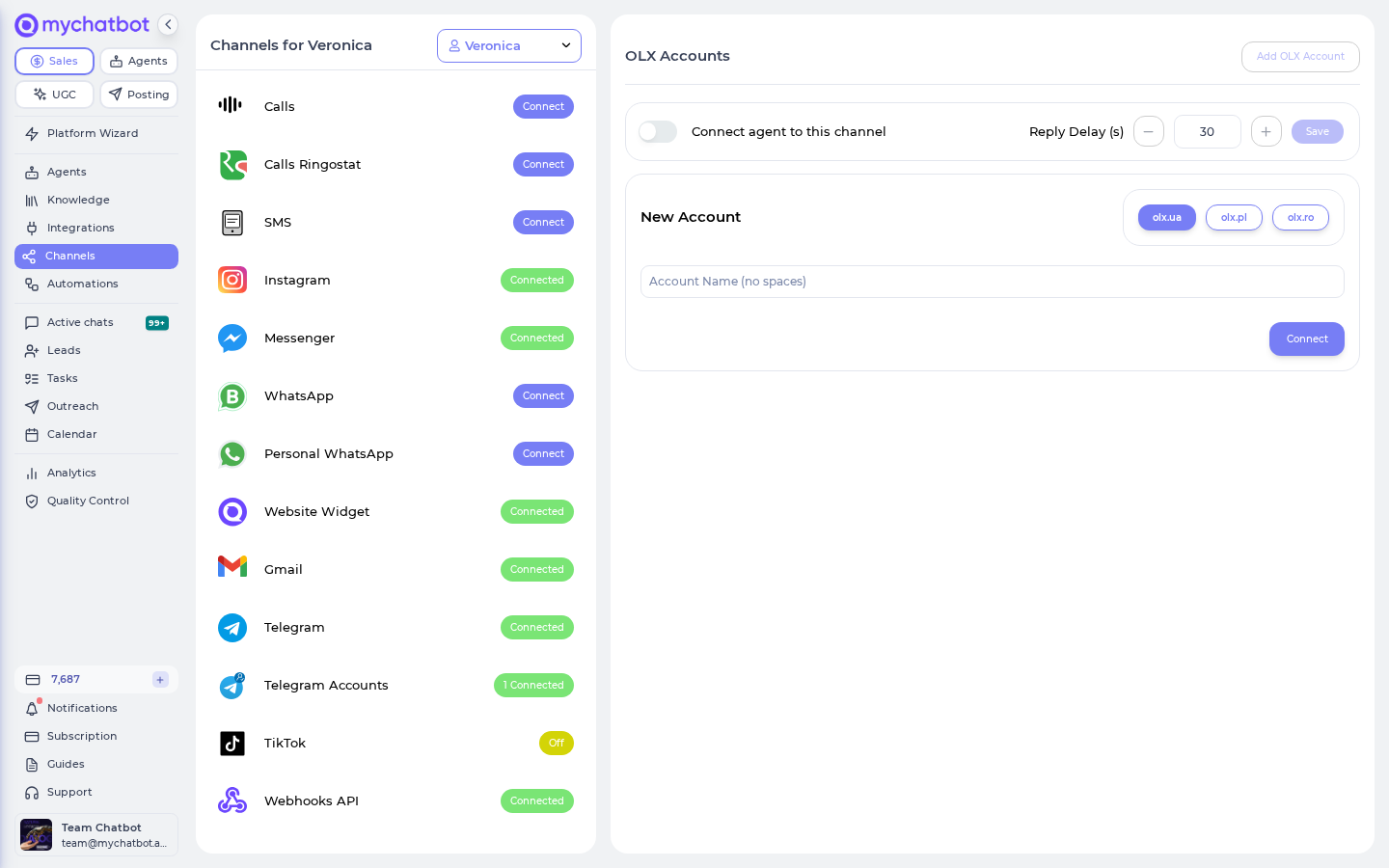 The OLX Accounts channel in MyChatBot, showing the country selector, Account Name field, and Connect button.