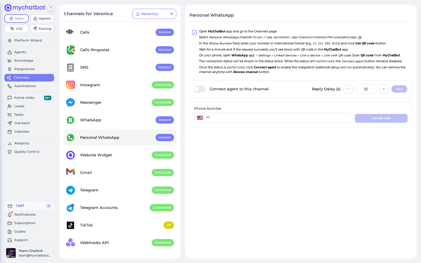 The Personal WhatsApp connect panel: enter your number, Get QR code, then scan it from WhatsApp → Linked devices to pair