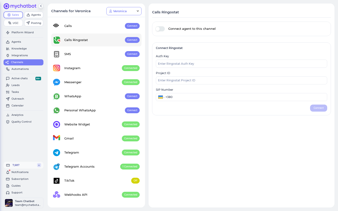 The Calls Ringostat setup form in MyChatBot, showing the Auth Key, Project ID, and SIP Number fields with a Connect button.