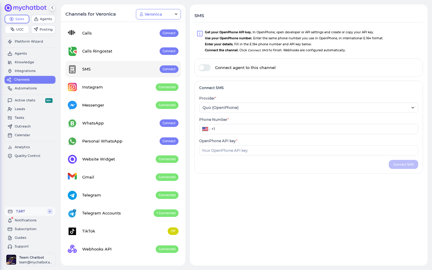 The SMS channel connect form with the provider dropdown and credential fields