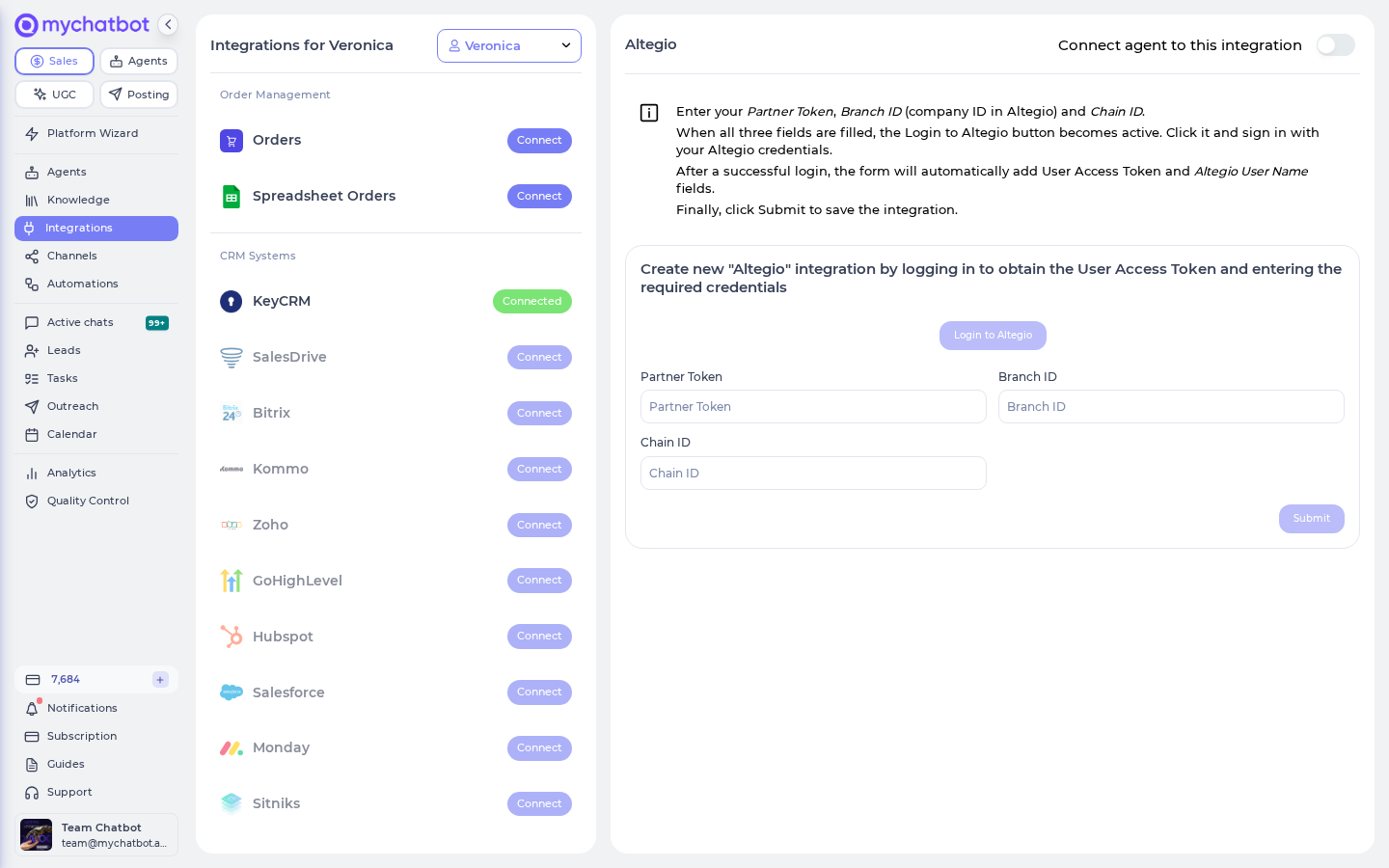 The Altegio connect form: Partner Token, Branch ID and Chain ID fields with the Login to Altegio button