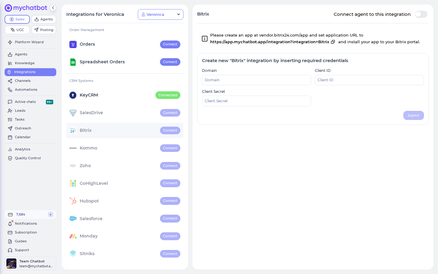 The Bitrix24 CRM connect form: agent picker plus Domain, Client ID, and Client Secret fields
