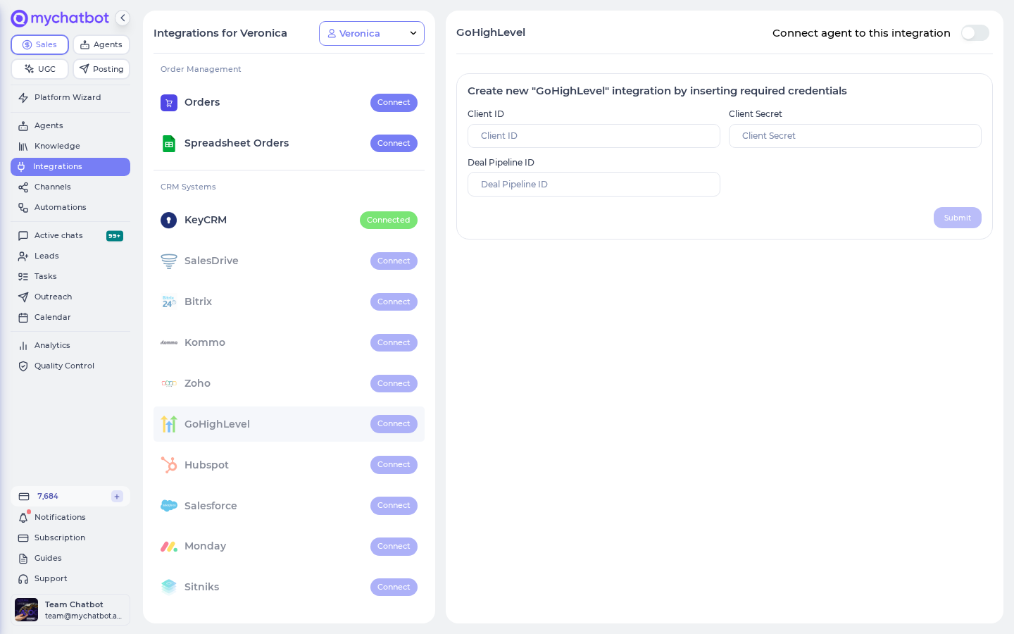The GoHighLevel CRM connect form with Client ID, Client Secret, and Deal Pipeline ID fields