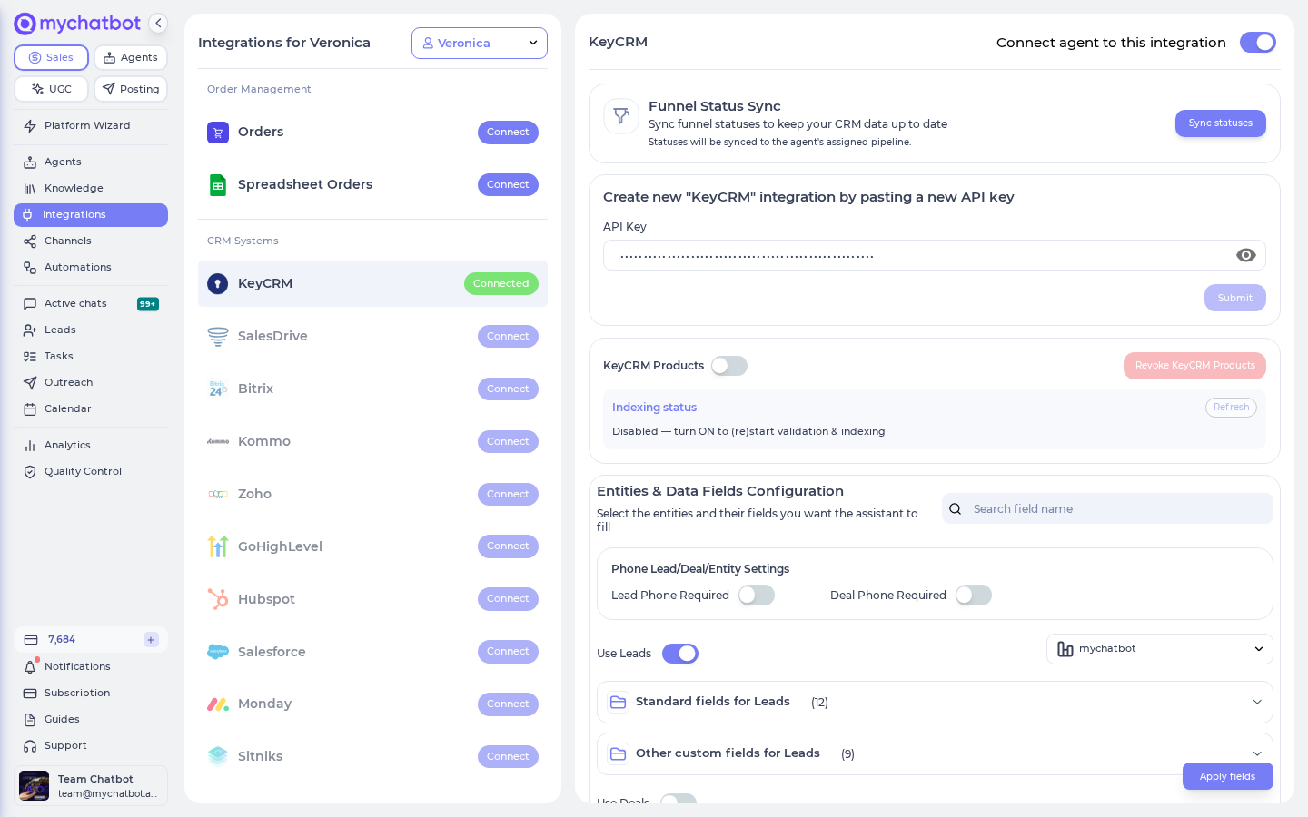 Selecting the agent and connecting KeyCRM in the Integrations tab