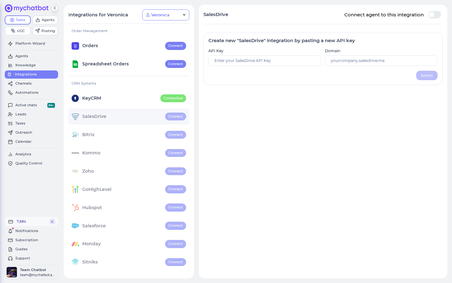 The SalesDrive CRM connect form: pick your agent, then paste Domain and API Key