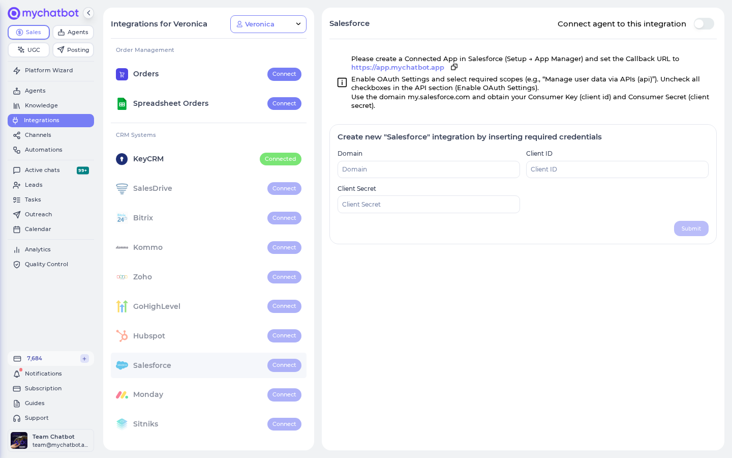 Selecting the agent and entering Salesforce Domain, Client ID, and Client Secret on the Salesforce integration card