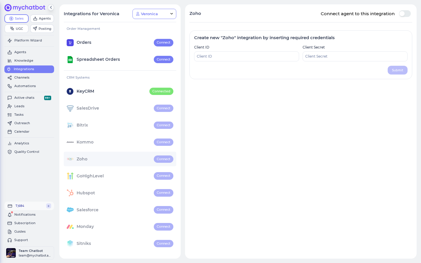 Integrations page with the agent picker and the Zoho CRM Connect button