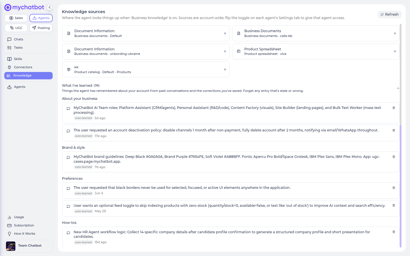 The Knowledge page — everything the agent has learned, grouped by category