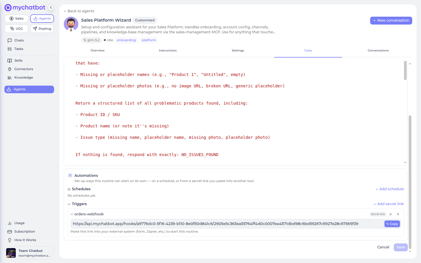 The Automations panel below the editor: a Schedules section, a Triggers section with a secret link's full webhook URL and a Copy button, and Save / Cancel at the very bottom