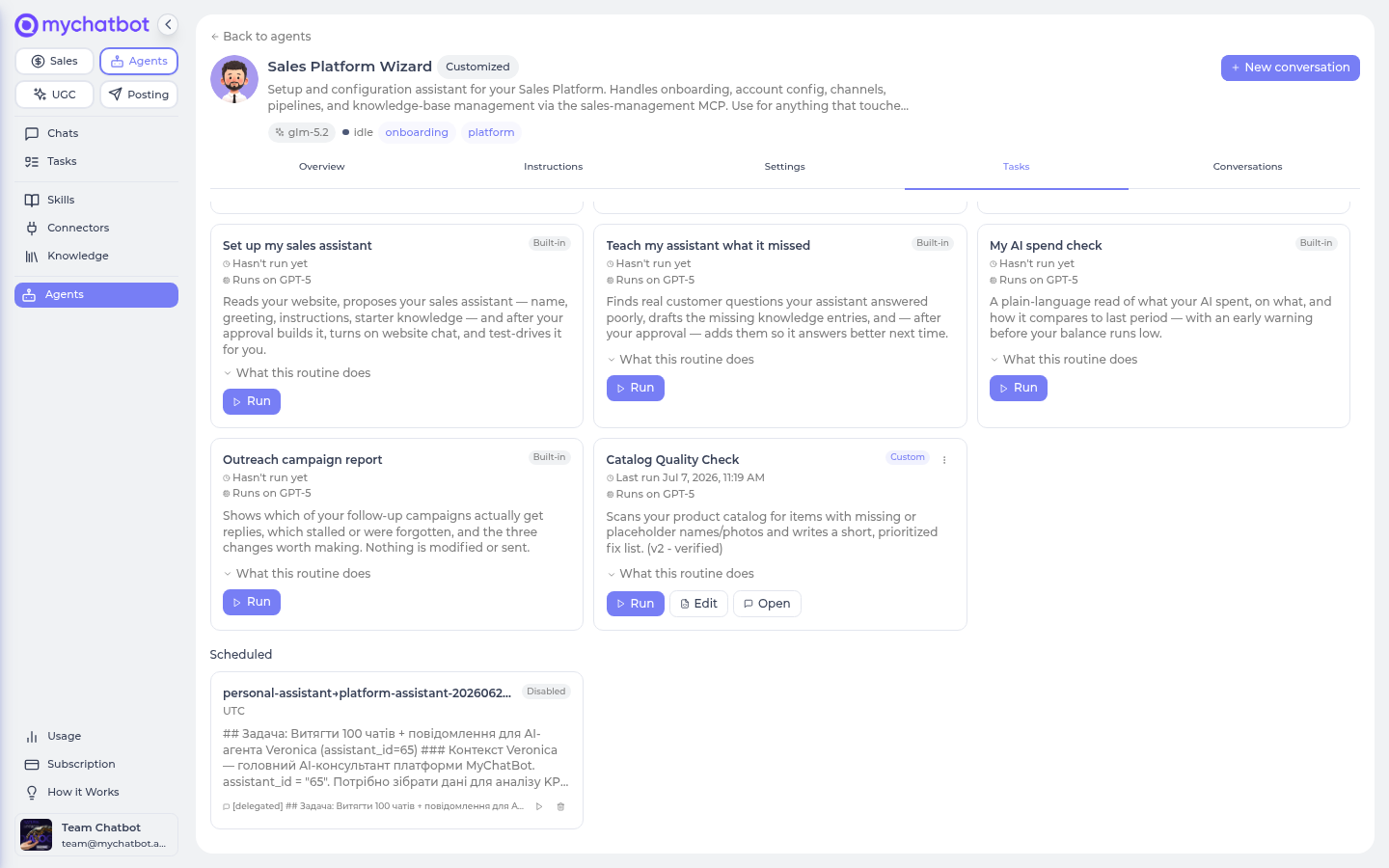 A custom routine card with a Run button and an Edit button that opens the YAML editor