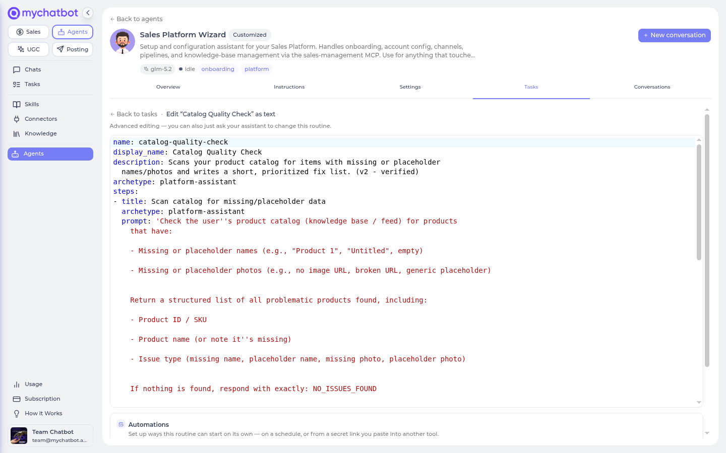 The inline routine editor — the spec YAML up top, Automations panel below