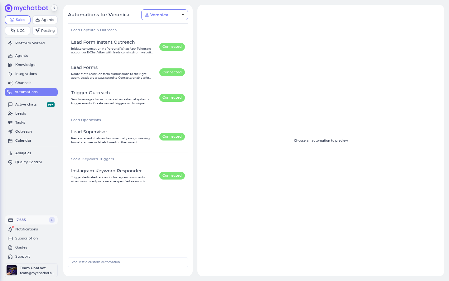 The Automations page: template list on the left, settings panel on the right