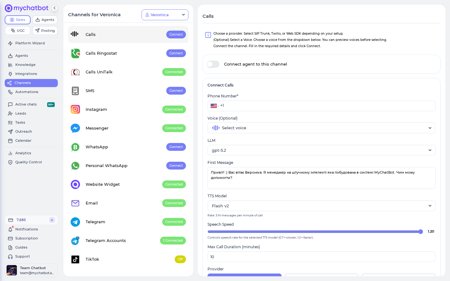 The Channels page with Telegram connected and the Website Widget snippet ready to copy