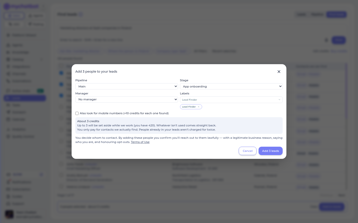 The Add to leads window: pipeline, stage, manager, labels, the mobile option, the price, and the note about contacting people lawfully