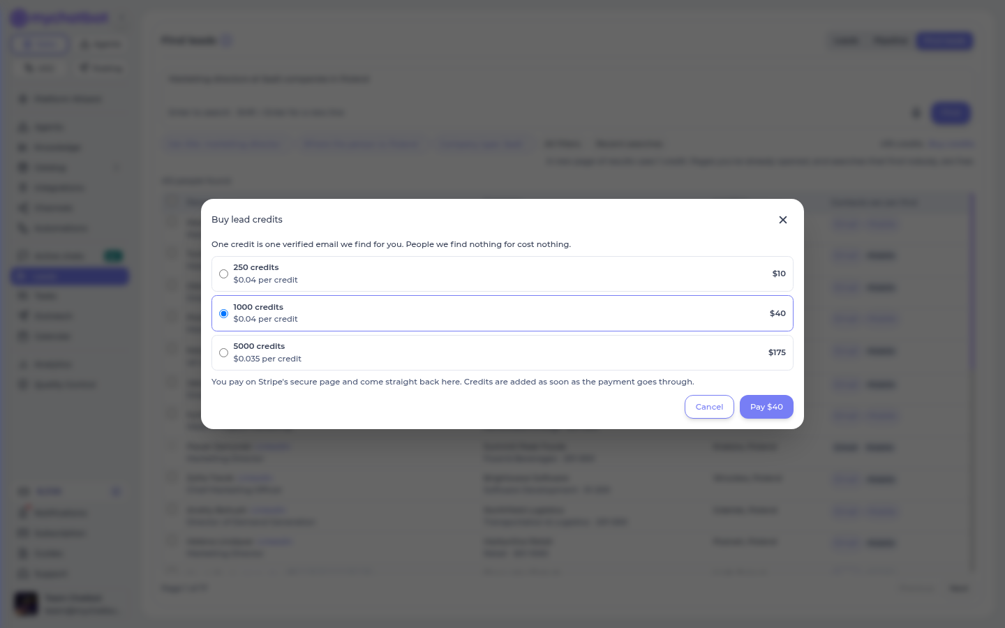 The Buy lead credits window with three packs and the price per credit