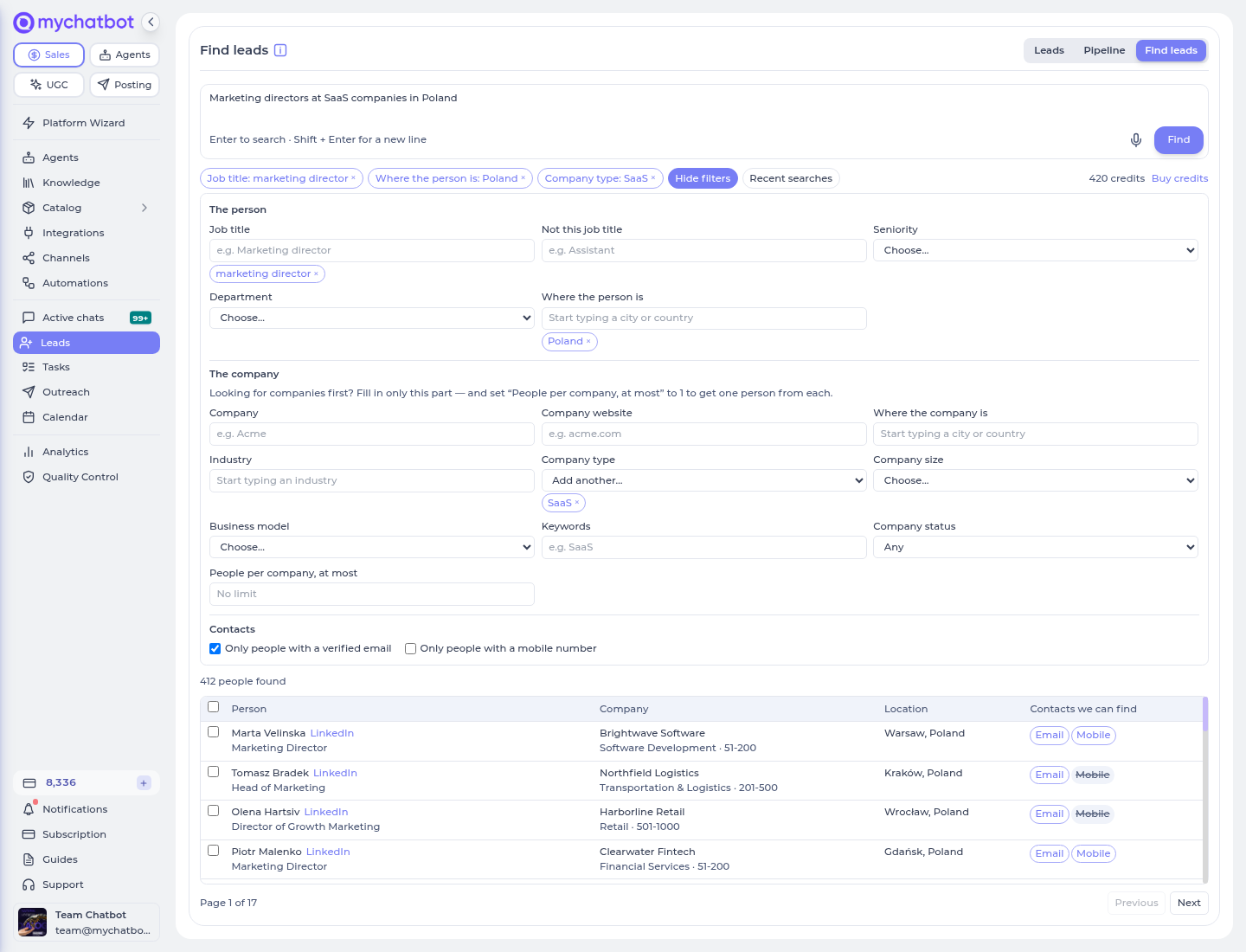 The filter panel: the person, the company and contacts — each field lists what is already chosen under its box, and the Hide filters button is highlighted