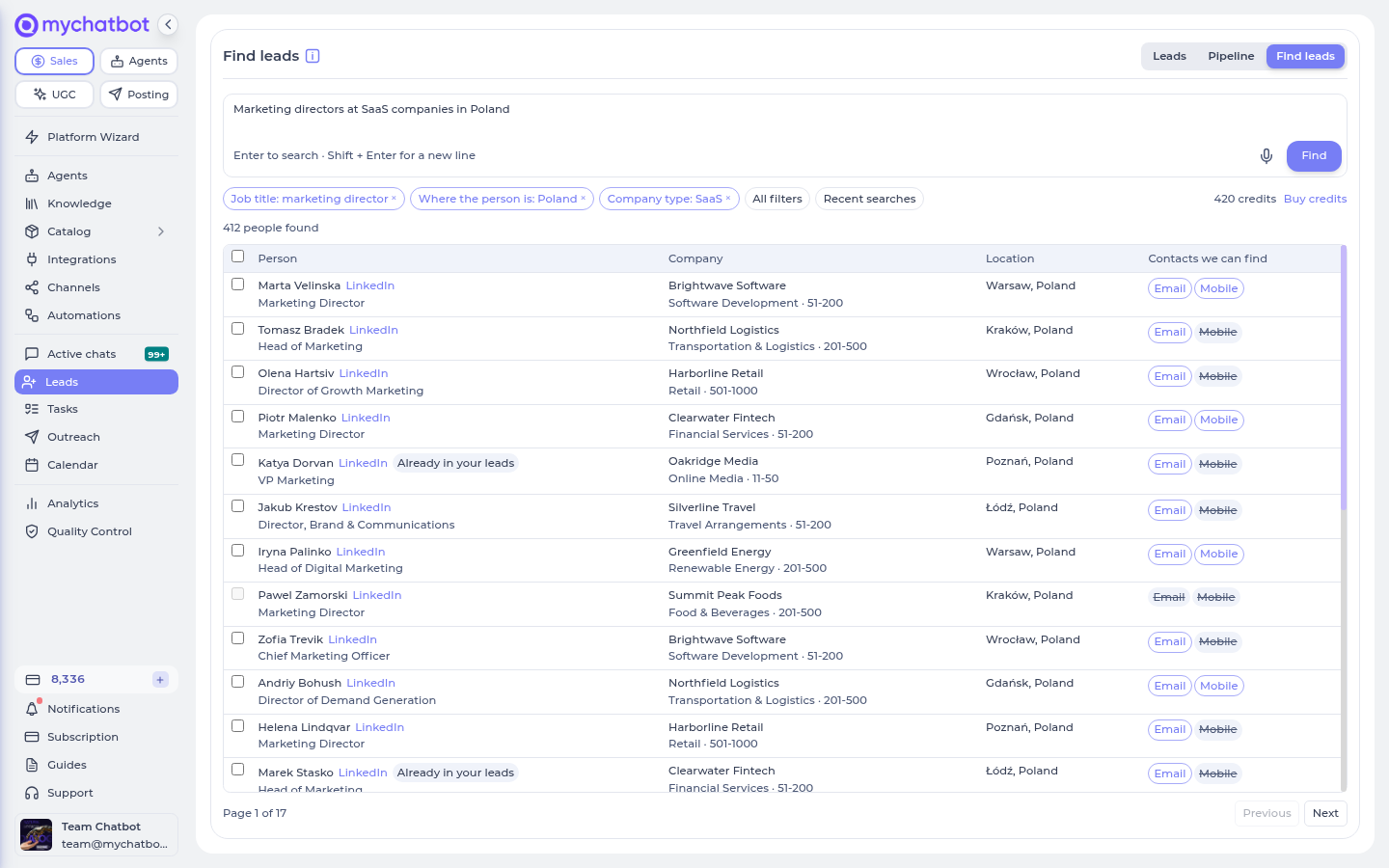 Find leads: a description (typed or spoken) turned into filter chips, and the people found — with which contacts can be found for each