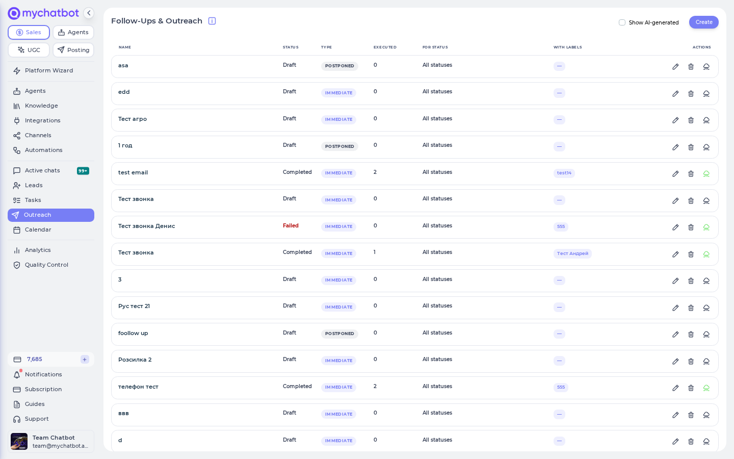 The Follow-ups & Outreach list with the Create button — pick Immediate outreach for the one-time win-back blast.